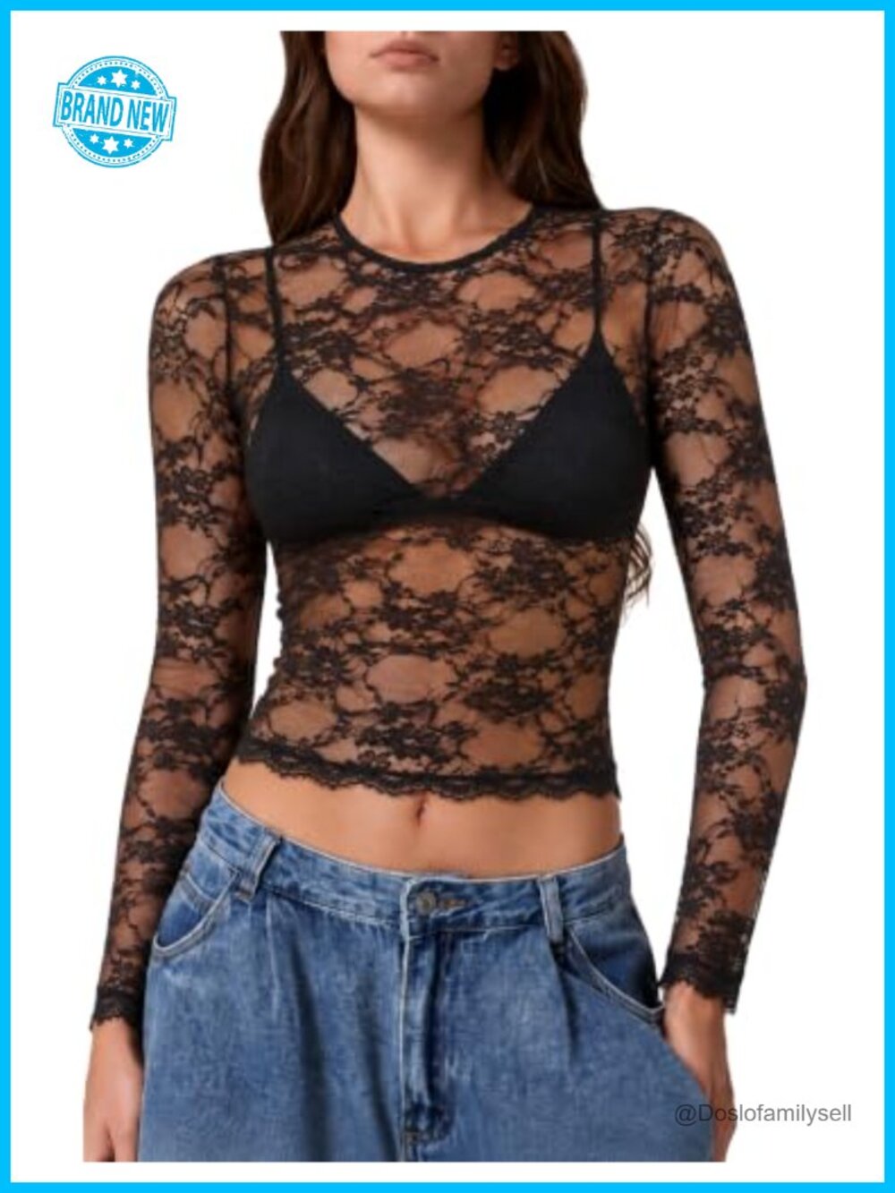 Lace Mesh Long Sleeve Blouse Slim Fit See Through Top